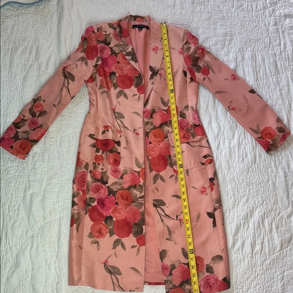 Anne Klein Statement Floral Pink 100% Silk  Long Blazer size 8